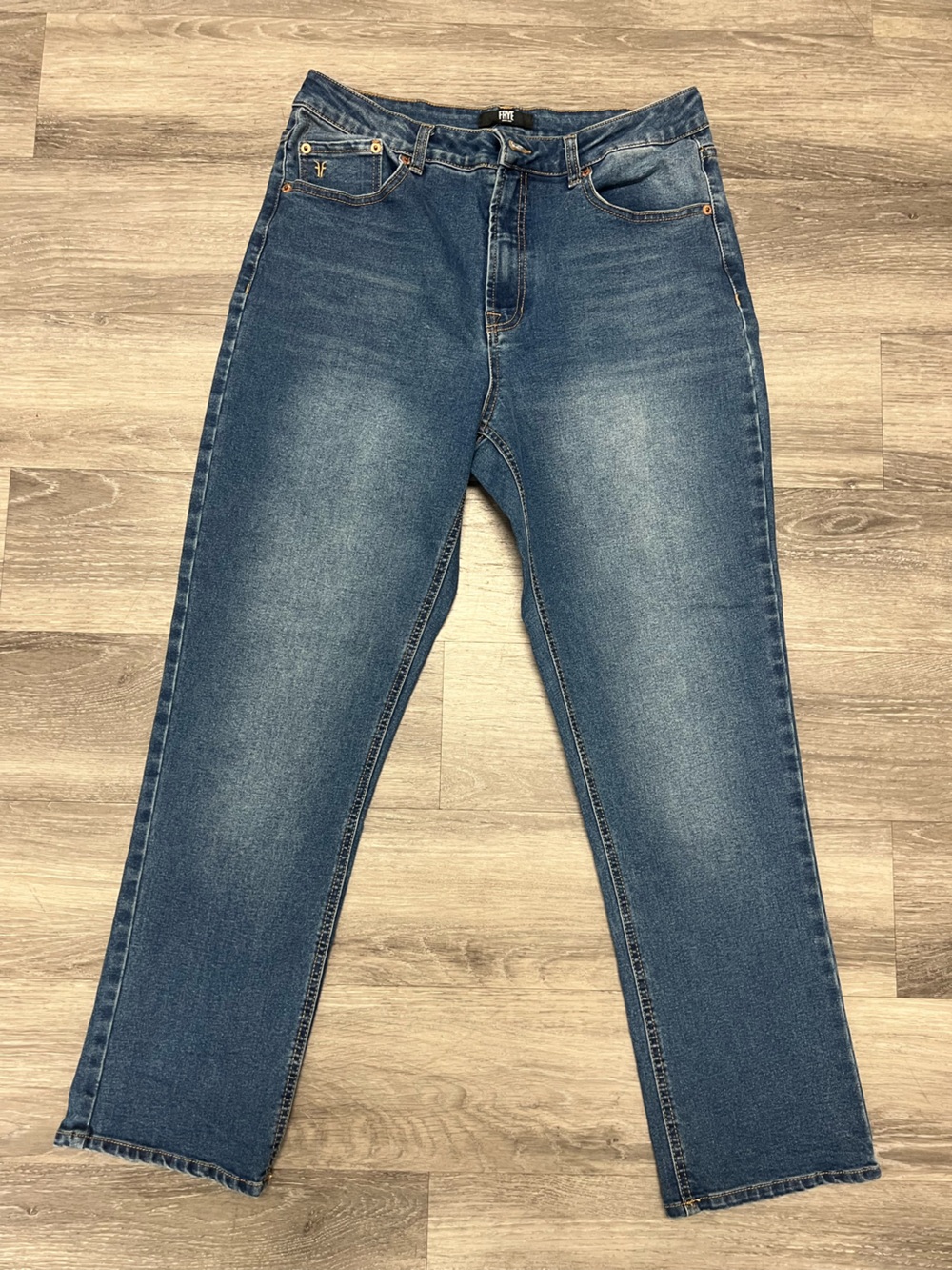 Frye Blue Denim Jeans with Gold Button Detail
